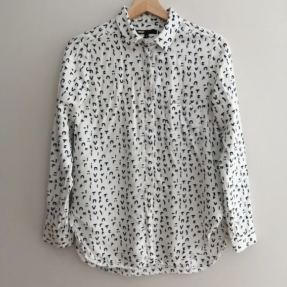 Maje Chacha Letter Print Silk Viscose Button Up Blouse Twee Maje 1 or Small - Picture 2 of 16